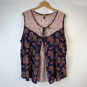 New Directions Curvy Sleeveless Blouse Women 3X Navy Blue Paisley Tie Neck Boho